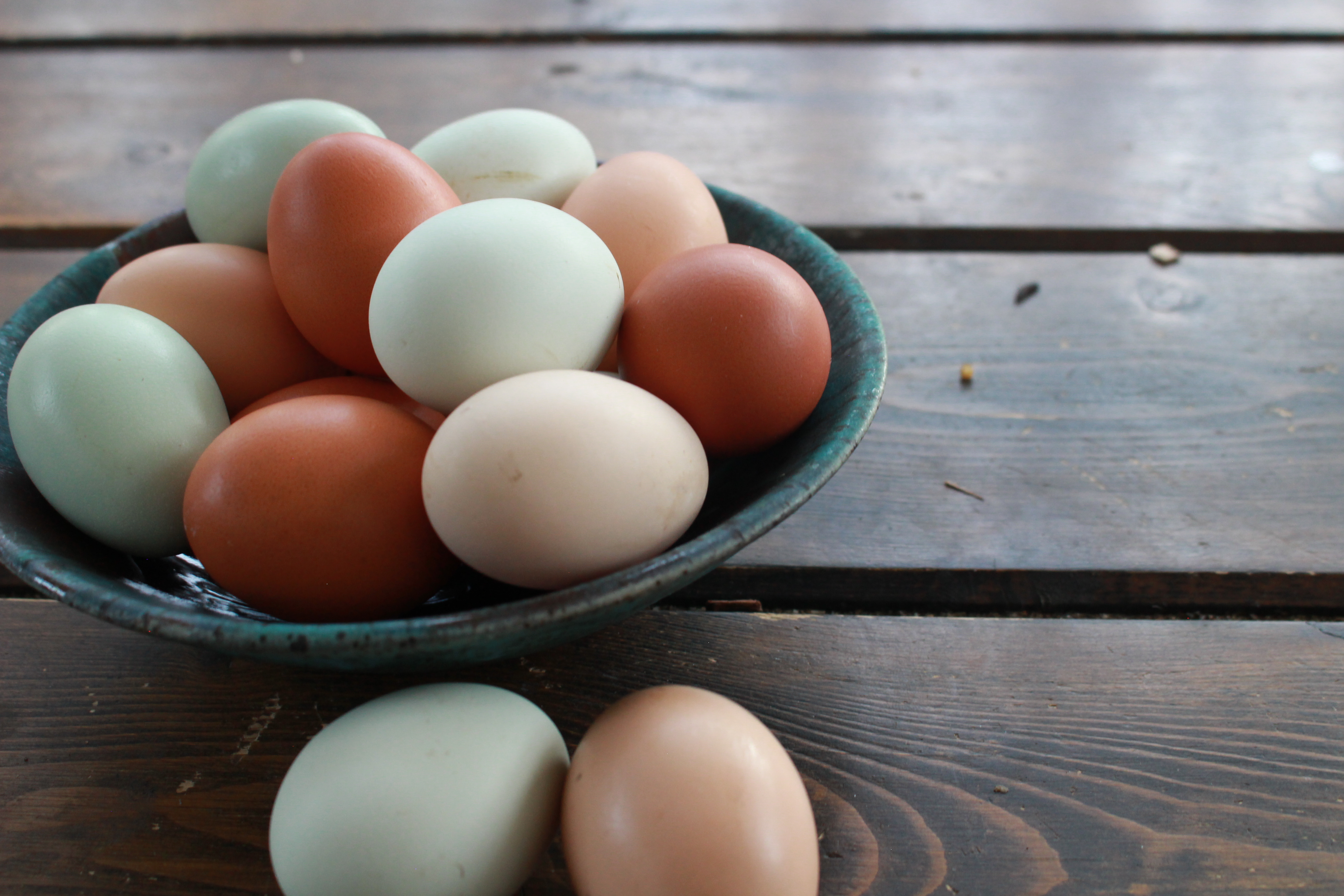 pasture raised eggs in a ceramic bowl