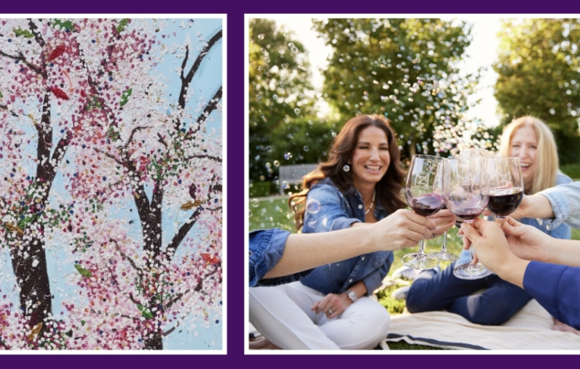 Cherry Blossom Painting and Women Toasting with Wine Glasses